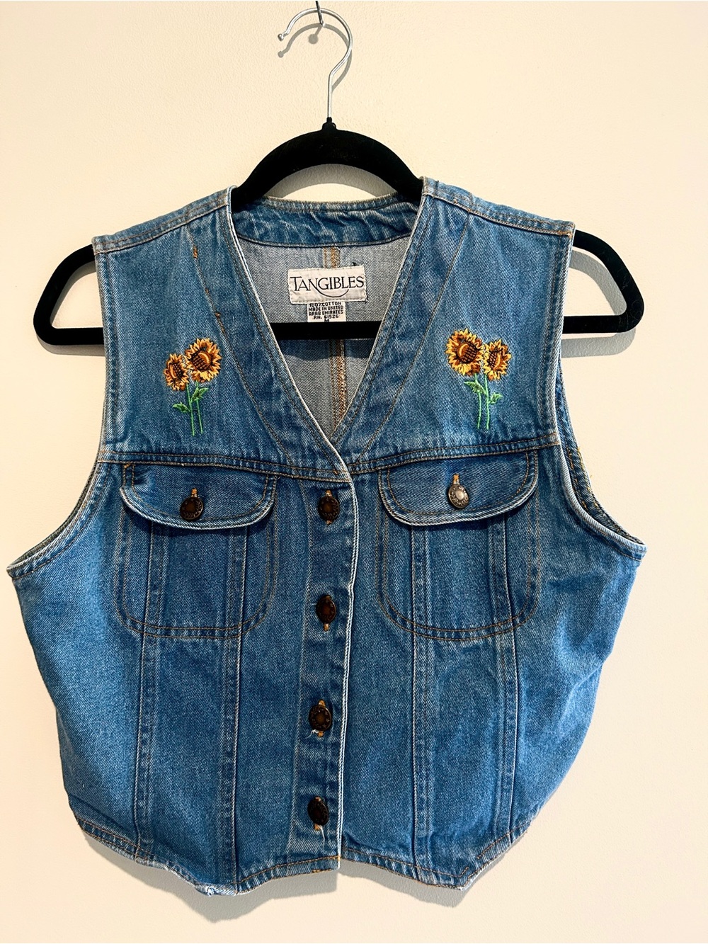 Tangibles Vintage Sunflower Cottagecore Embroidered Blue Denim Vest - Picture 1 of 5